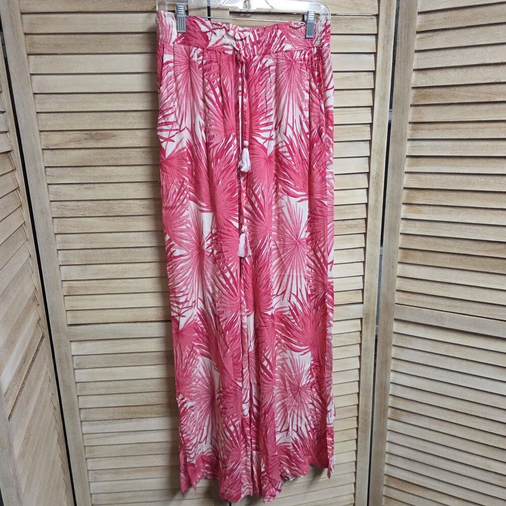 Rose + Olive Pink Palms Wide Leg Palazzo Pants Size M Women Travel Resort Cruise